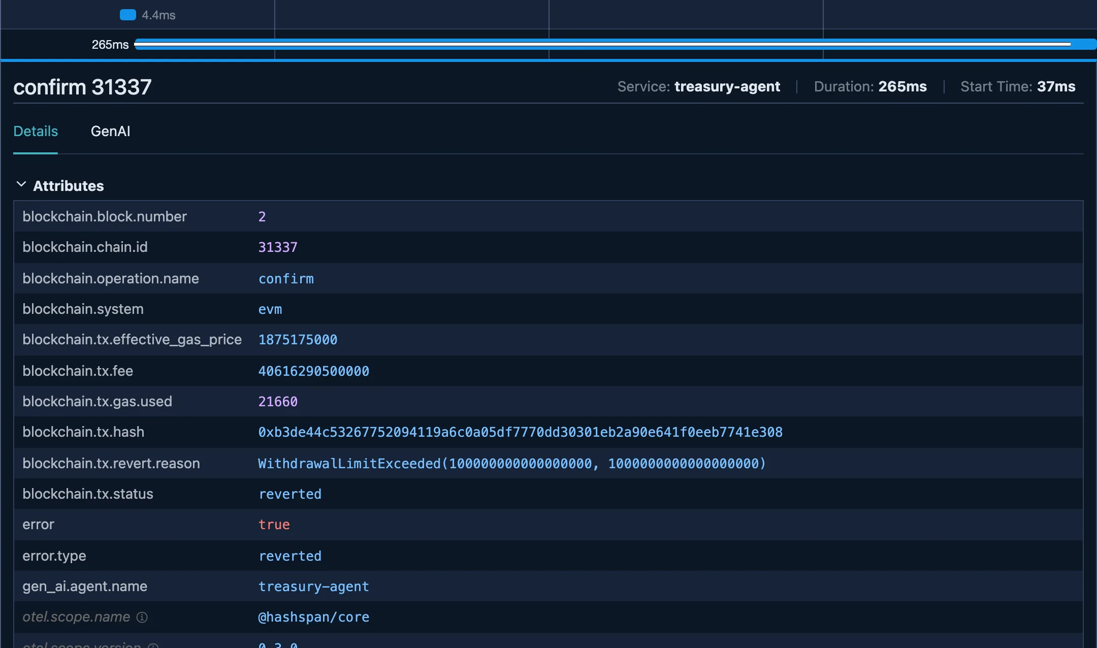 Jaeger showing a confirm 31337 span marked as an error, with blockchain.tx.status reverted, the fee, gas used and the decoded revert reason WithdrawalLimitExceeded